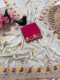 Premium Rangoli Silk Saree with Floral Embroidery & Mirror Work Border ✨