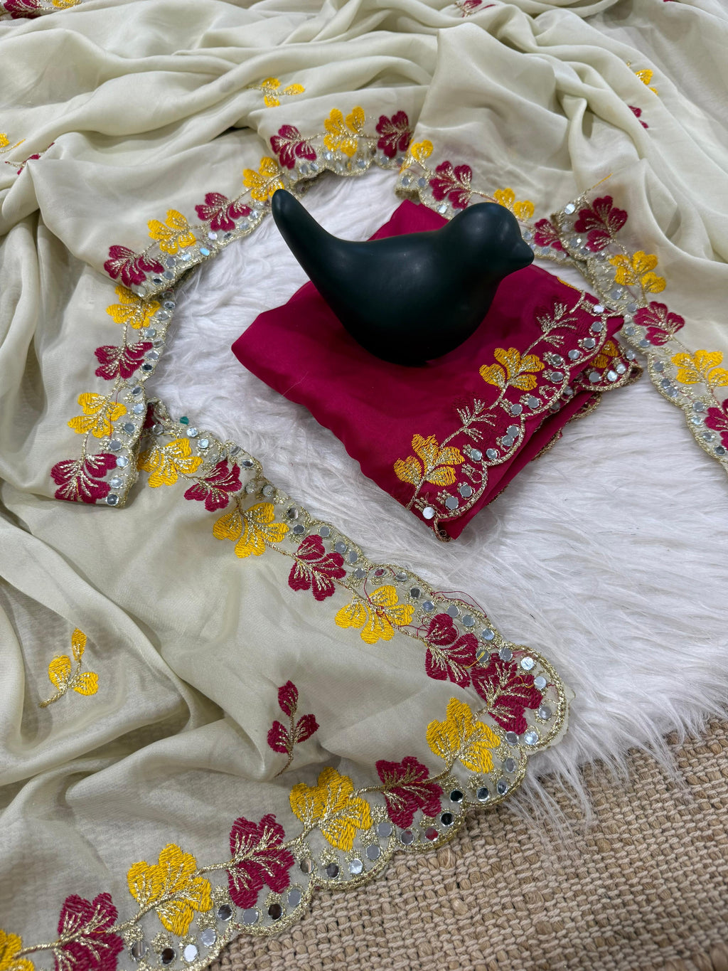 Premium Rangoli Silk Saree with Floral Embroidery & Mirror Work Border ✨