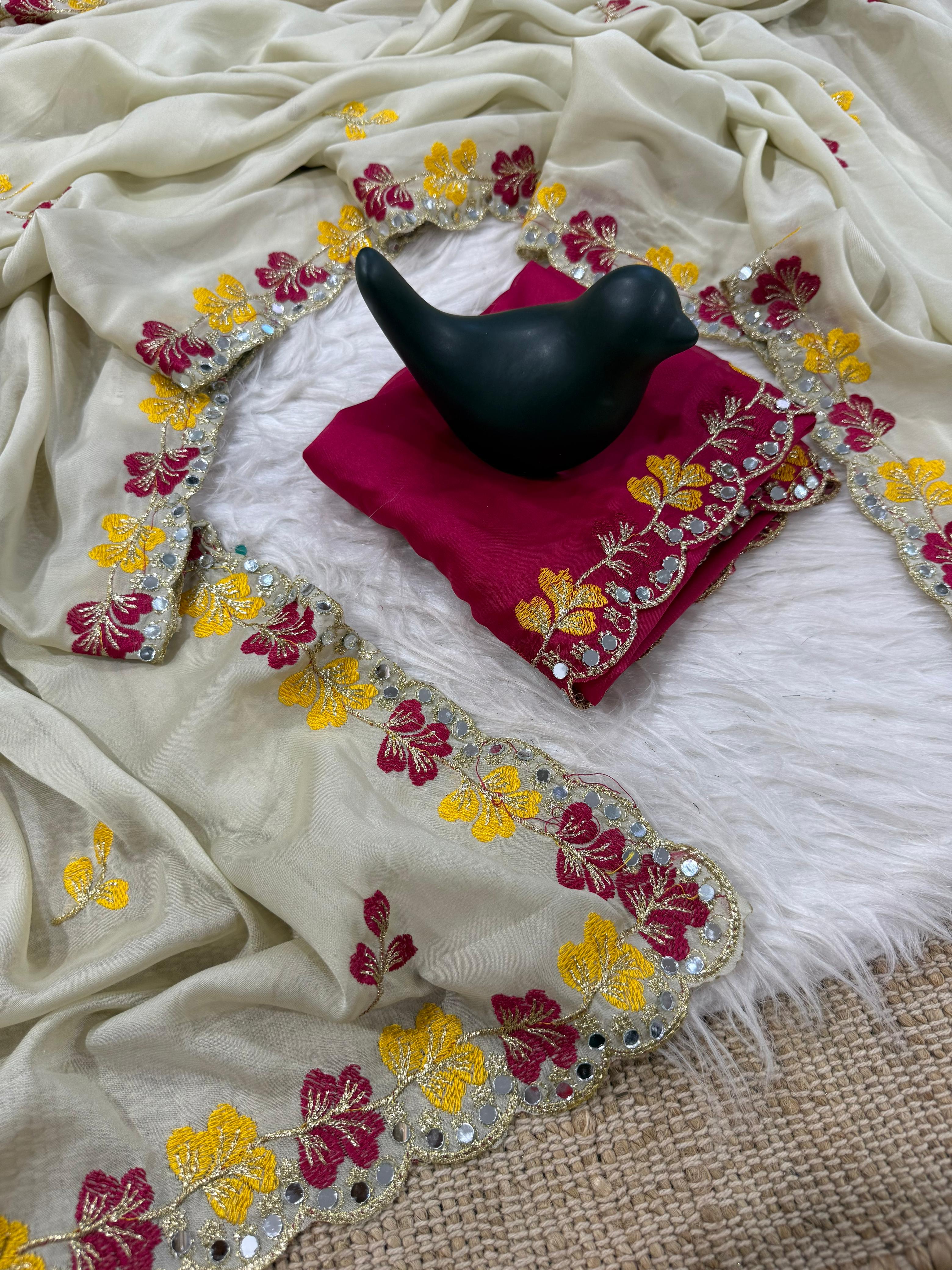 Premium Rangoli Silk Saree with Floral Embroidery & Mirror Work Border ✨
