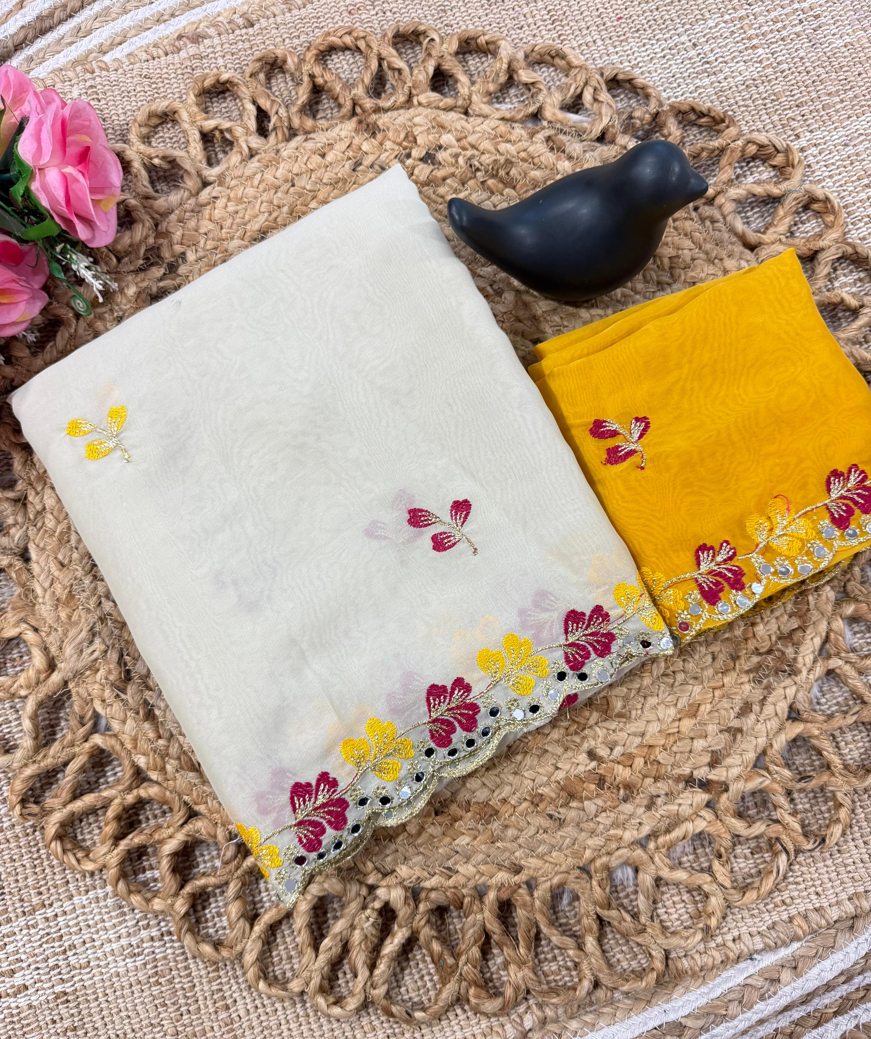 Premium Rangoli Silk Saree with Floral Embroidery & Mirror Work Border ✨