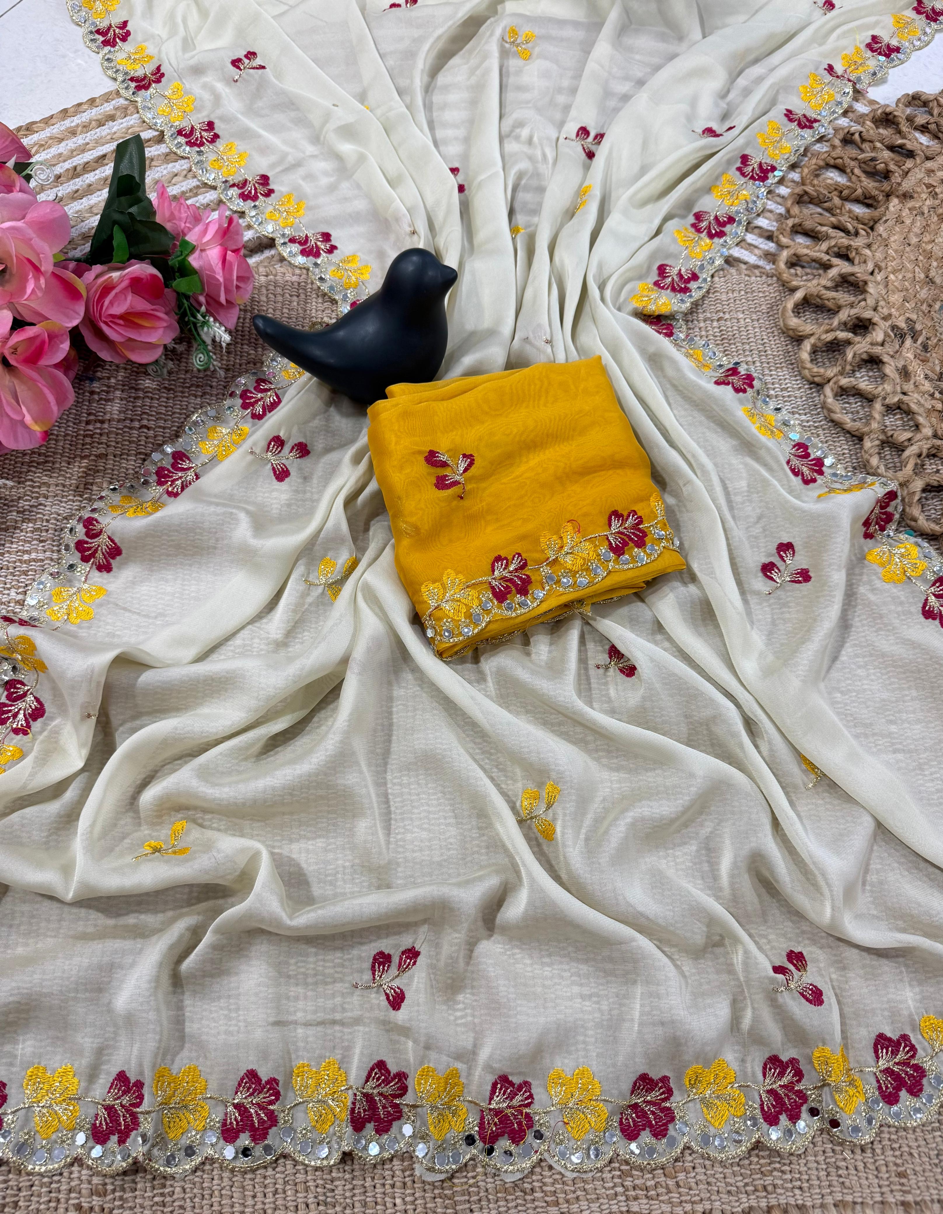 Premium Rangoli Silk Saree with Floral Embroidery & Mirror Work Border ✨