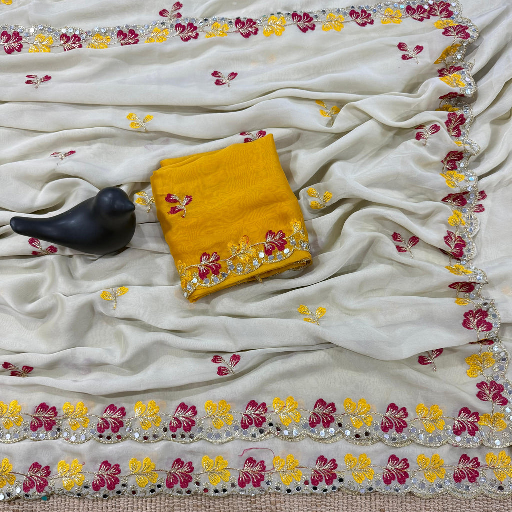 Premium Rangoli Silk Saree with Floral Embroidery & Mirror Work Border ✨