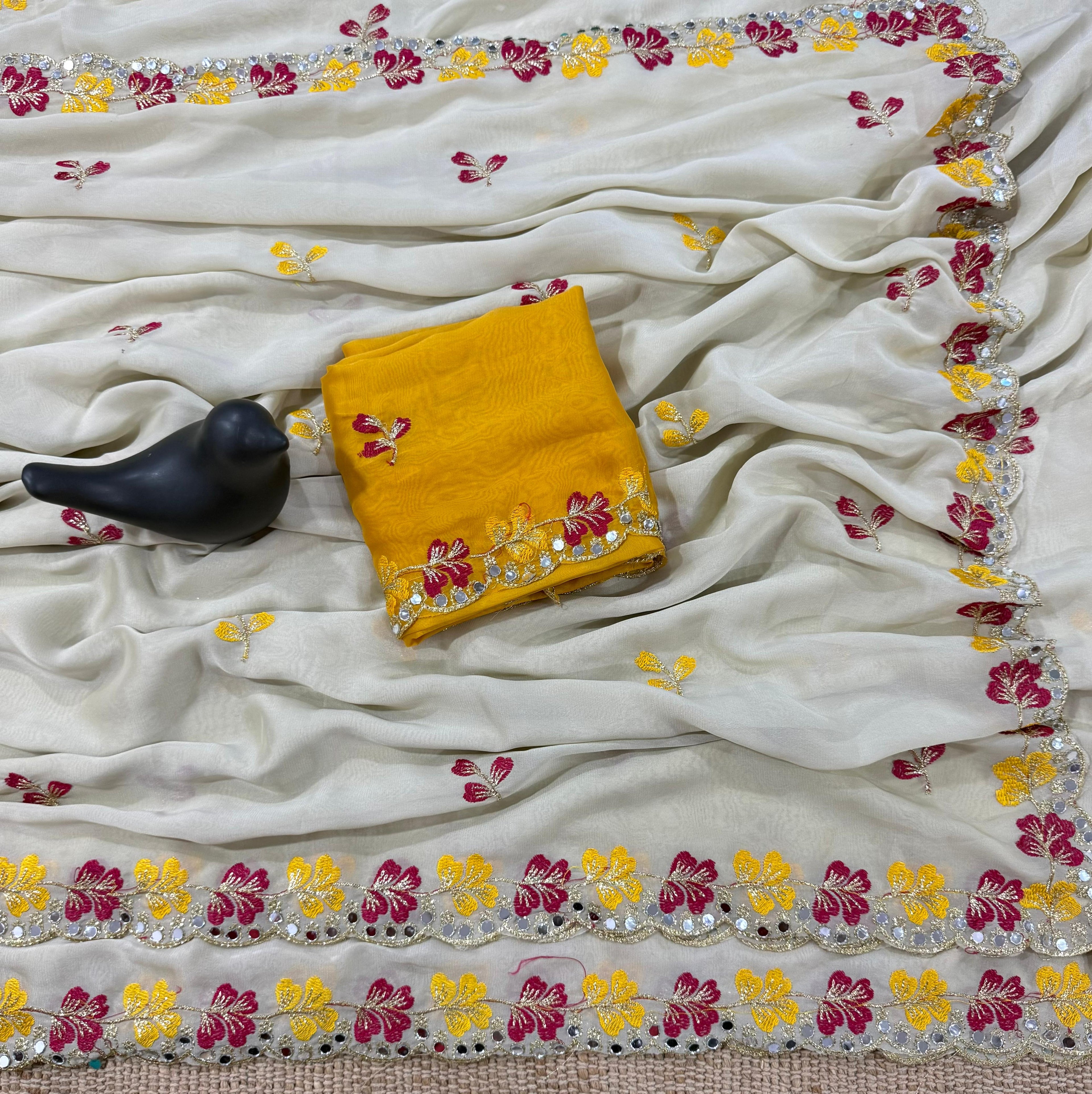 Premium Rangoli Silk Saree with Floral Embroidery & Mirror Work Border ✨