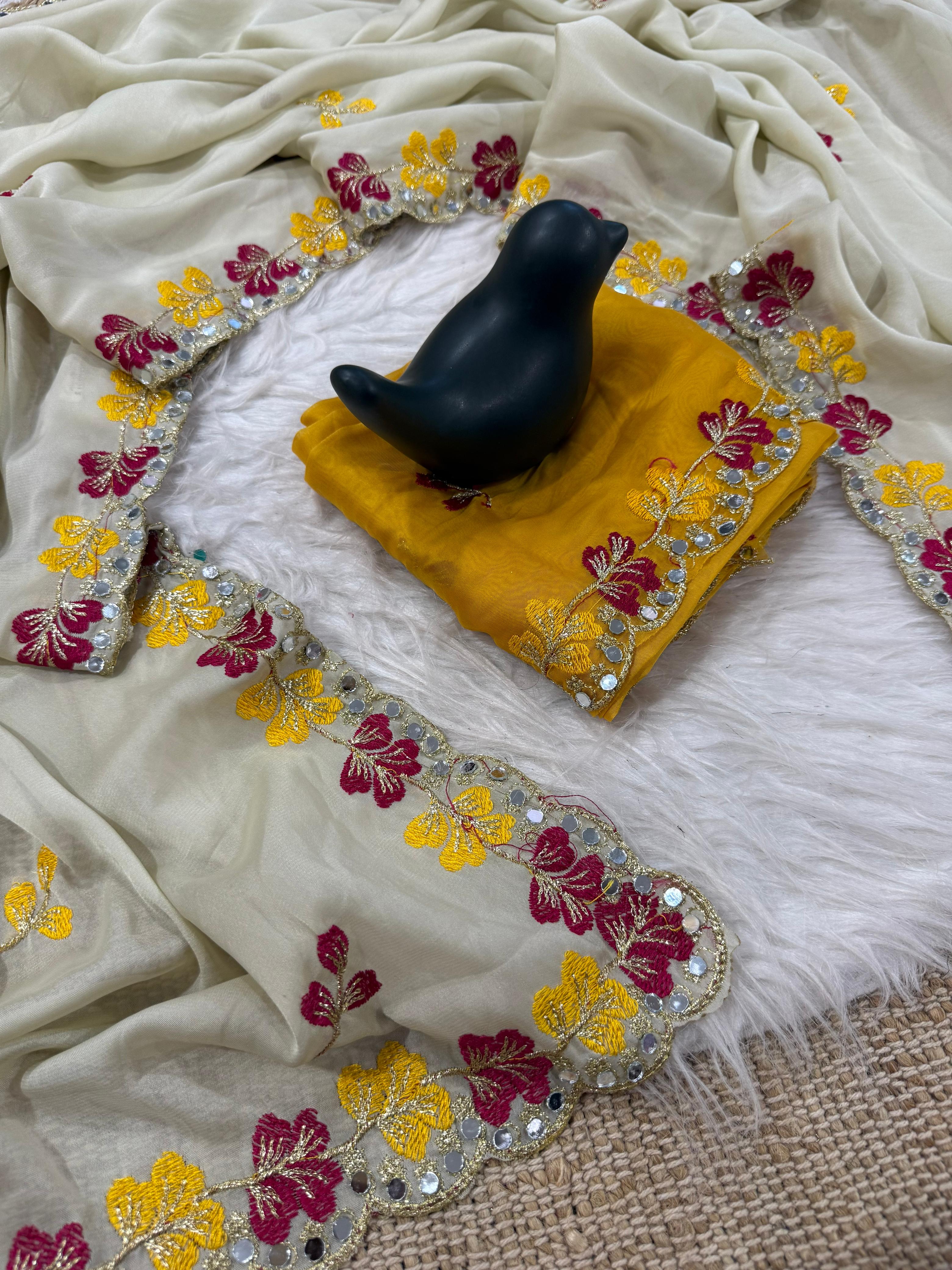 Premium Rangoli Silk Saree with Floral Embroidery & Mirror Work Border ✨