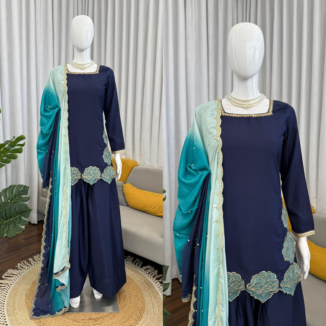 Premium Natural Crepe Kurta with Farshi Salwar & Chinon Silk Designer Dupatta ✨