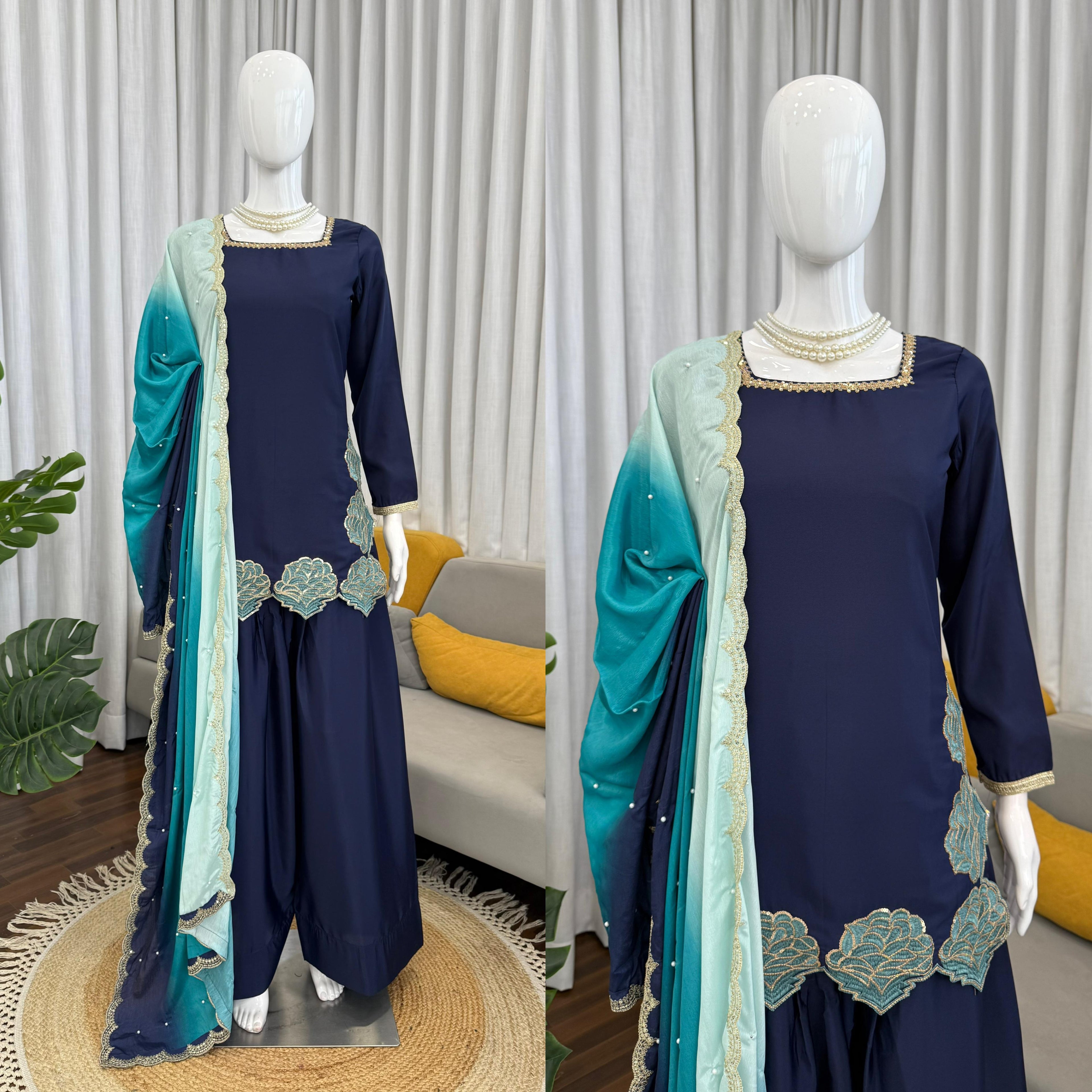 Premium Natural Crepe Kurta with Farshi Salwar & Chinon Silk Designer Dupatta ✨