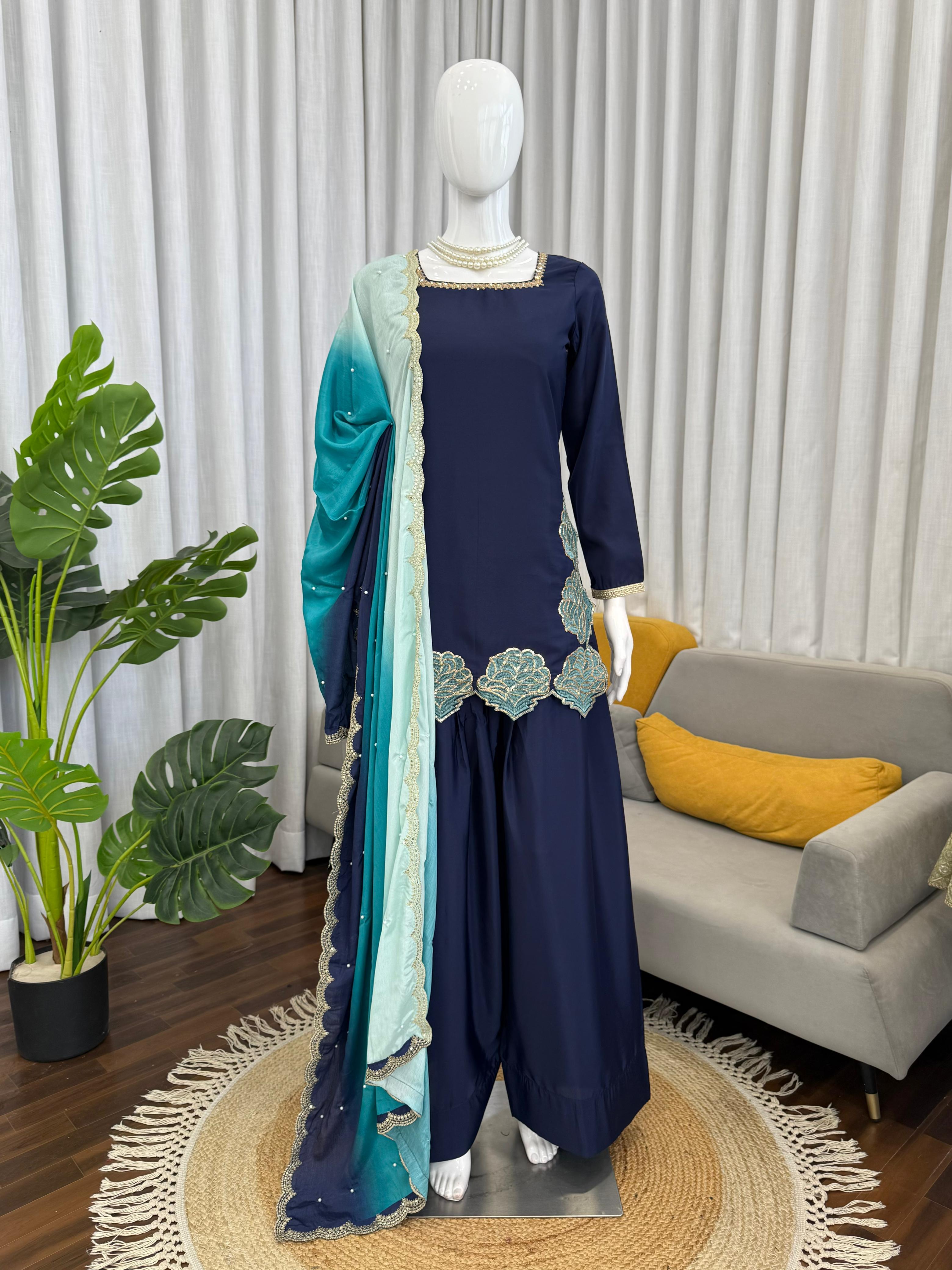 Premium Natural Crepe Kurta with Farshi Salwar & Chinon Silk Designer Dupatta ✨