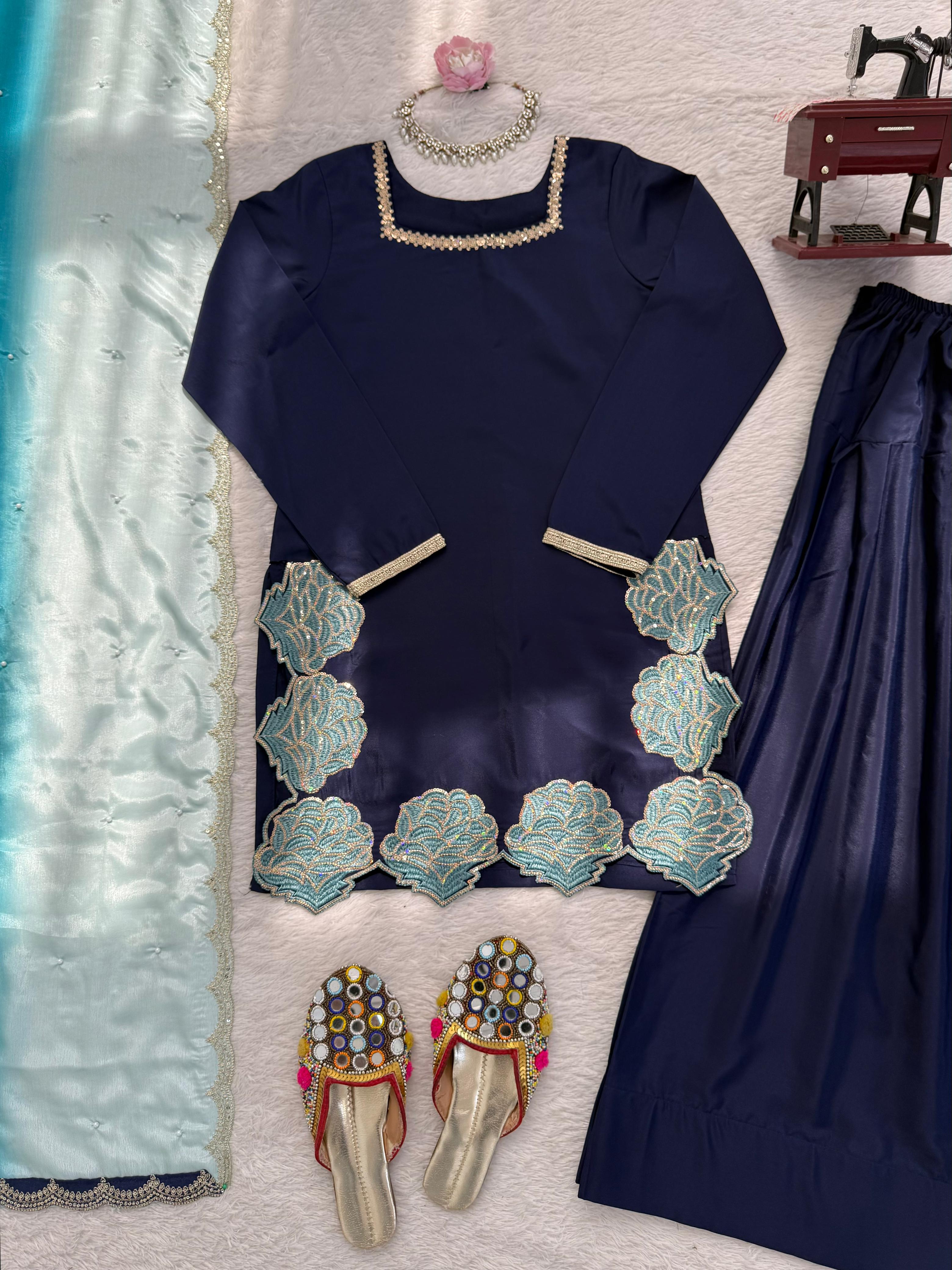 Premium Natural Crepe Kurta with Farshi Salwar & Chinon Silk Designer Dupatta ✨