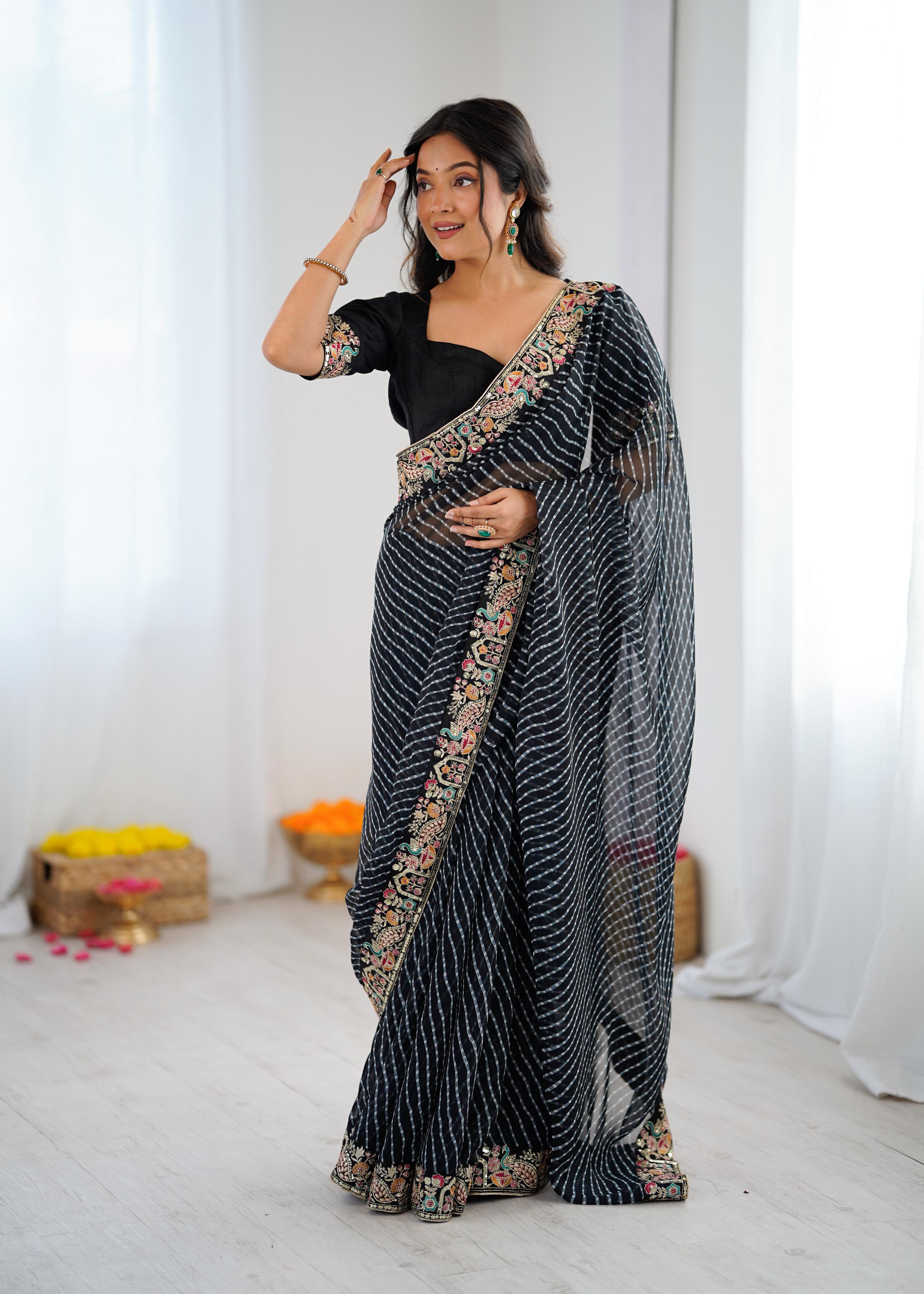 ✨ Premium Designer Faux Georgette Saree with Sequins Embroidery & Bandhani Print ✨