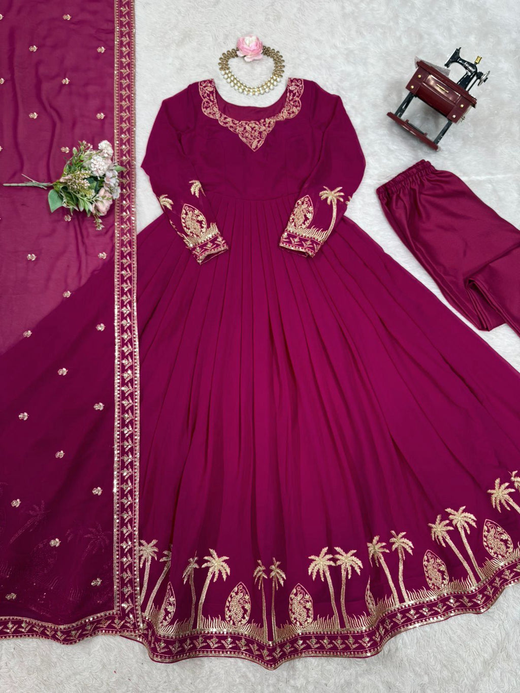🧜🏻‍♂️✨ Designer Faux Georgette Gown Set with Pant & Dupatta ✨🧜🏻‍♂️