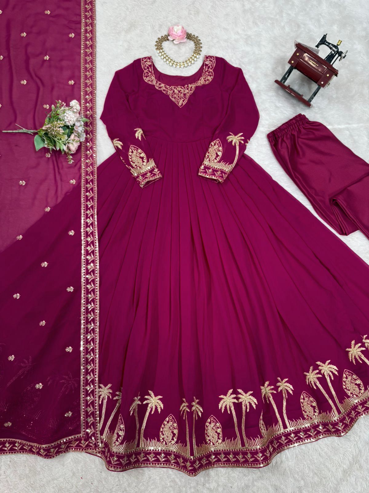 🧜🏻‍♂️✨ Designer Faux Georgette Gown Set with Pant & Dupatta ✨🧜🏻‍♂️