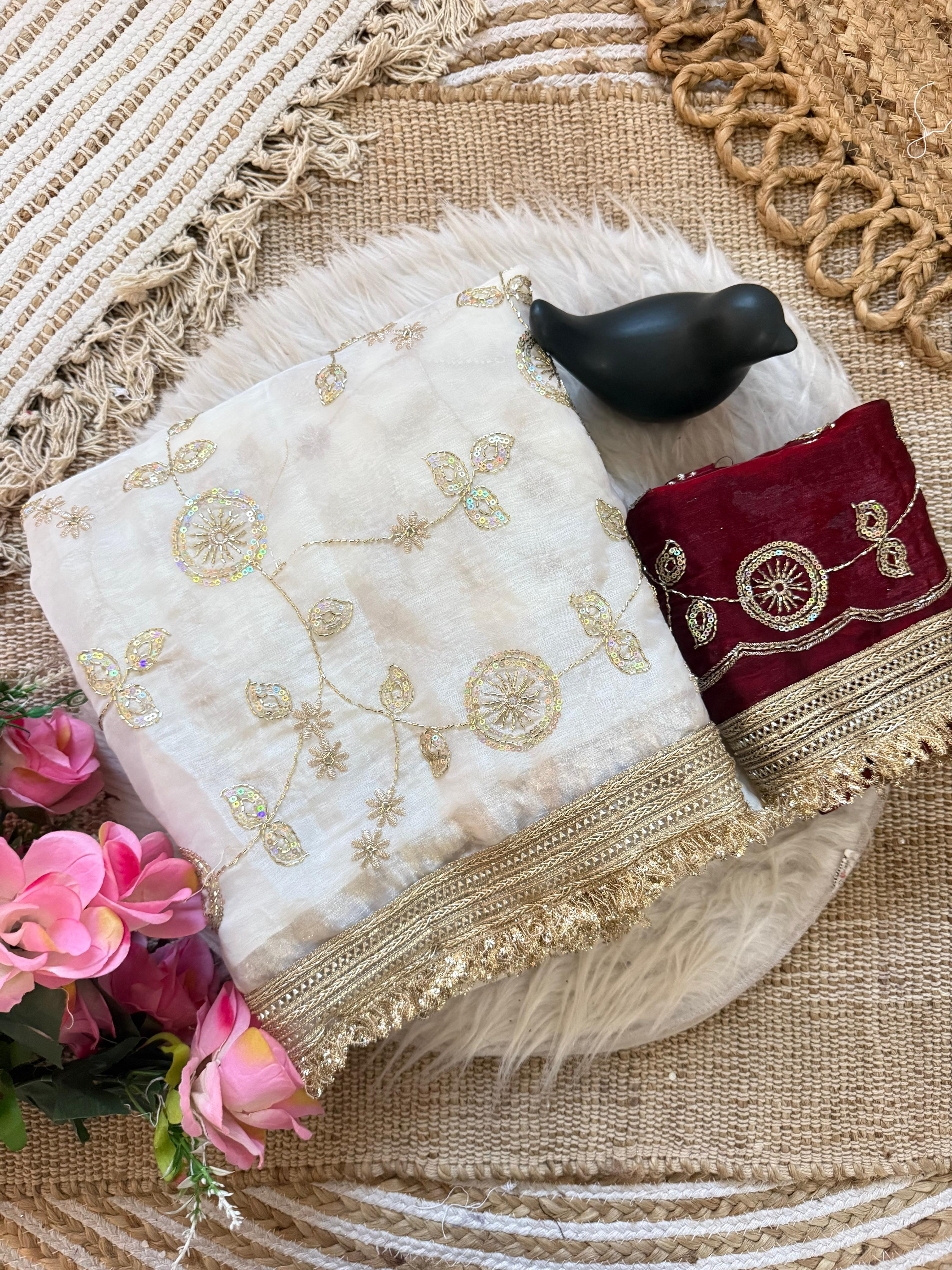 ✨ RADO Space Satin Bits Sequence Work Saree with Contrast Running Blouse ✨