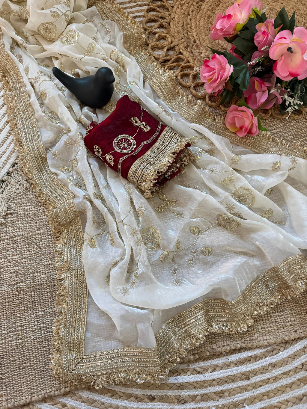 ✨ RADO Space Satin Bits Sequence Work Saree with Contrast Running Blouse ✨