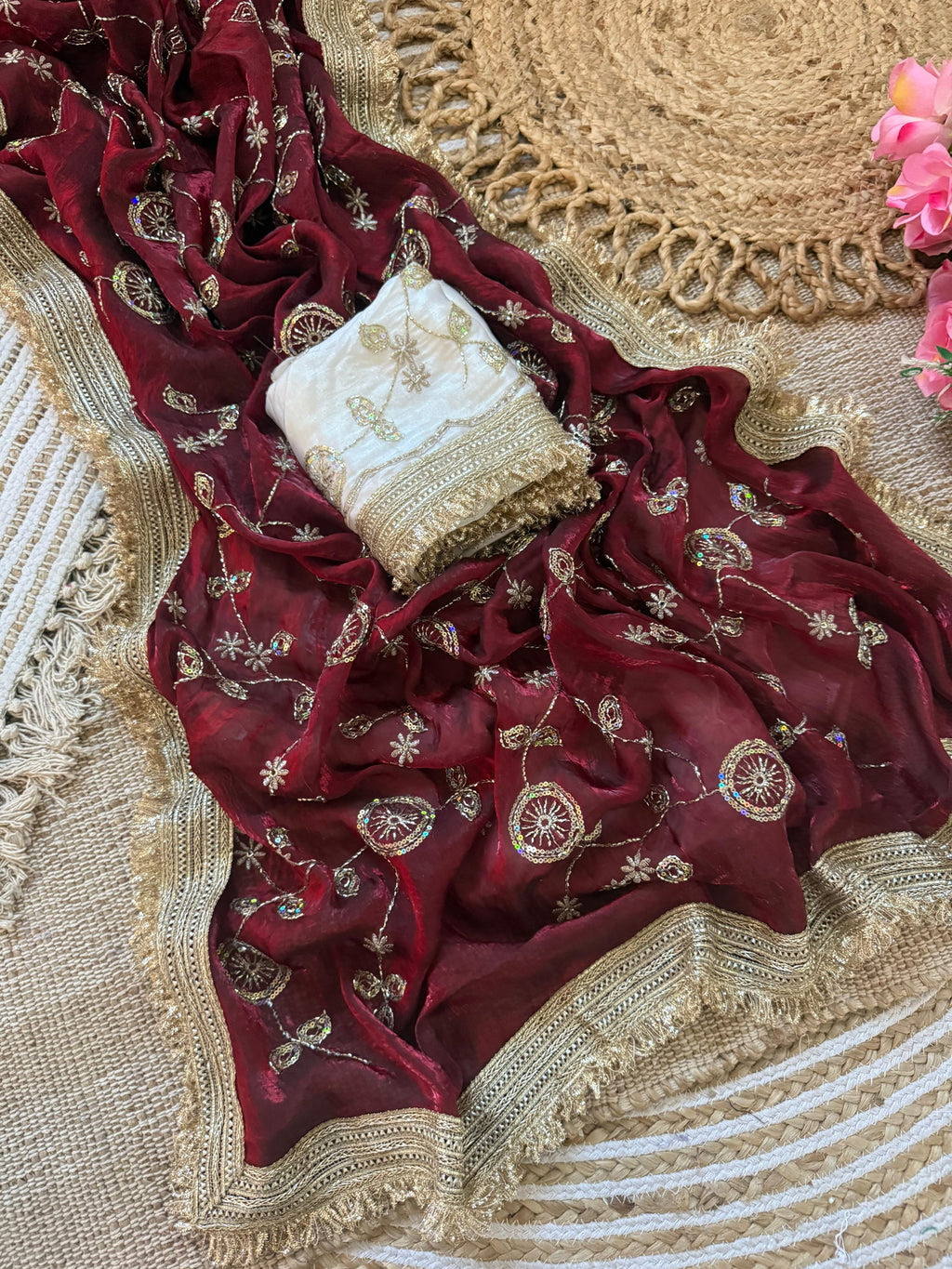 ✨ RADO Space Satin Bits Sequence Work Saree with Contrast Running Blouse ✨