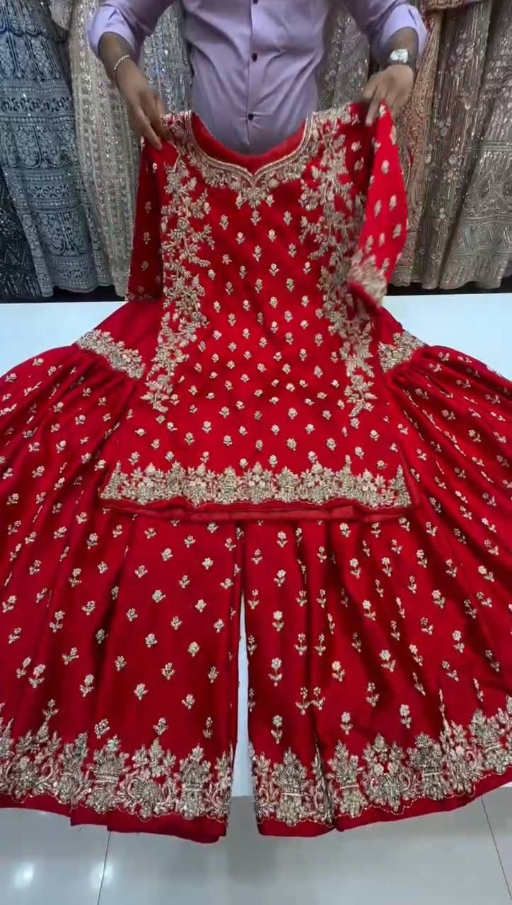 Premium Chinon Silk Embroidered Sharara Set – Elegant Collection