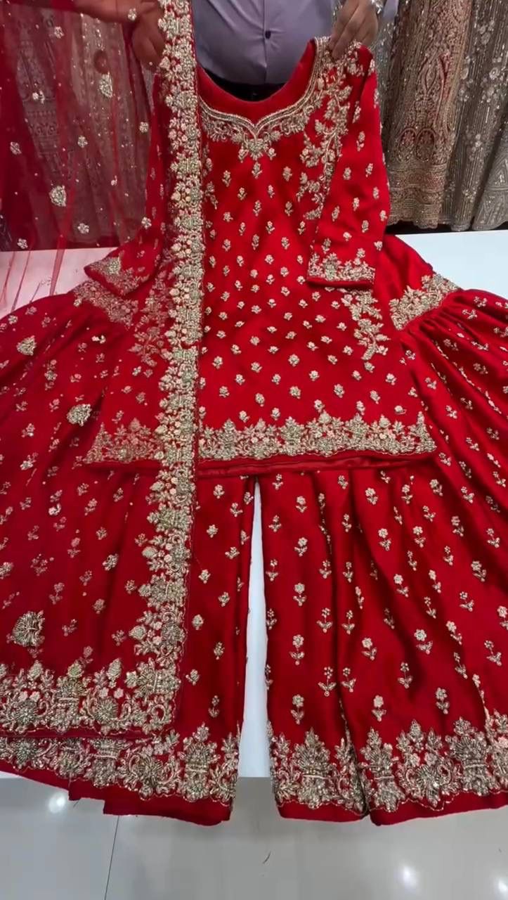 Premium Chinon Silk Embroidered Sharara Set – Elegant Collection