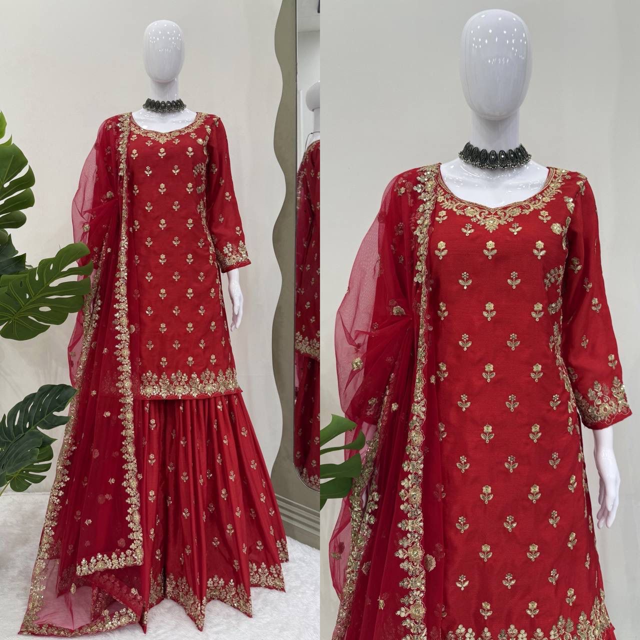 Premium Chinon Silk Embroidered Sharara Set – Elegant Collection