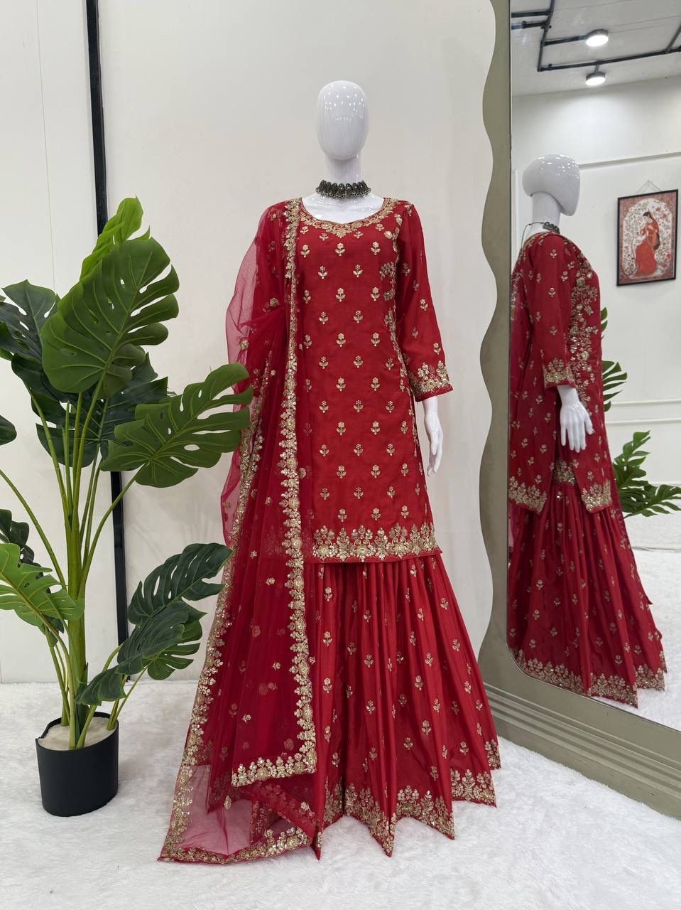Premium Chinon Silk Embroidered Sharara Set – Elegant Collection