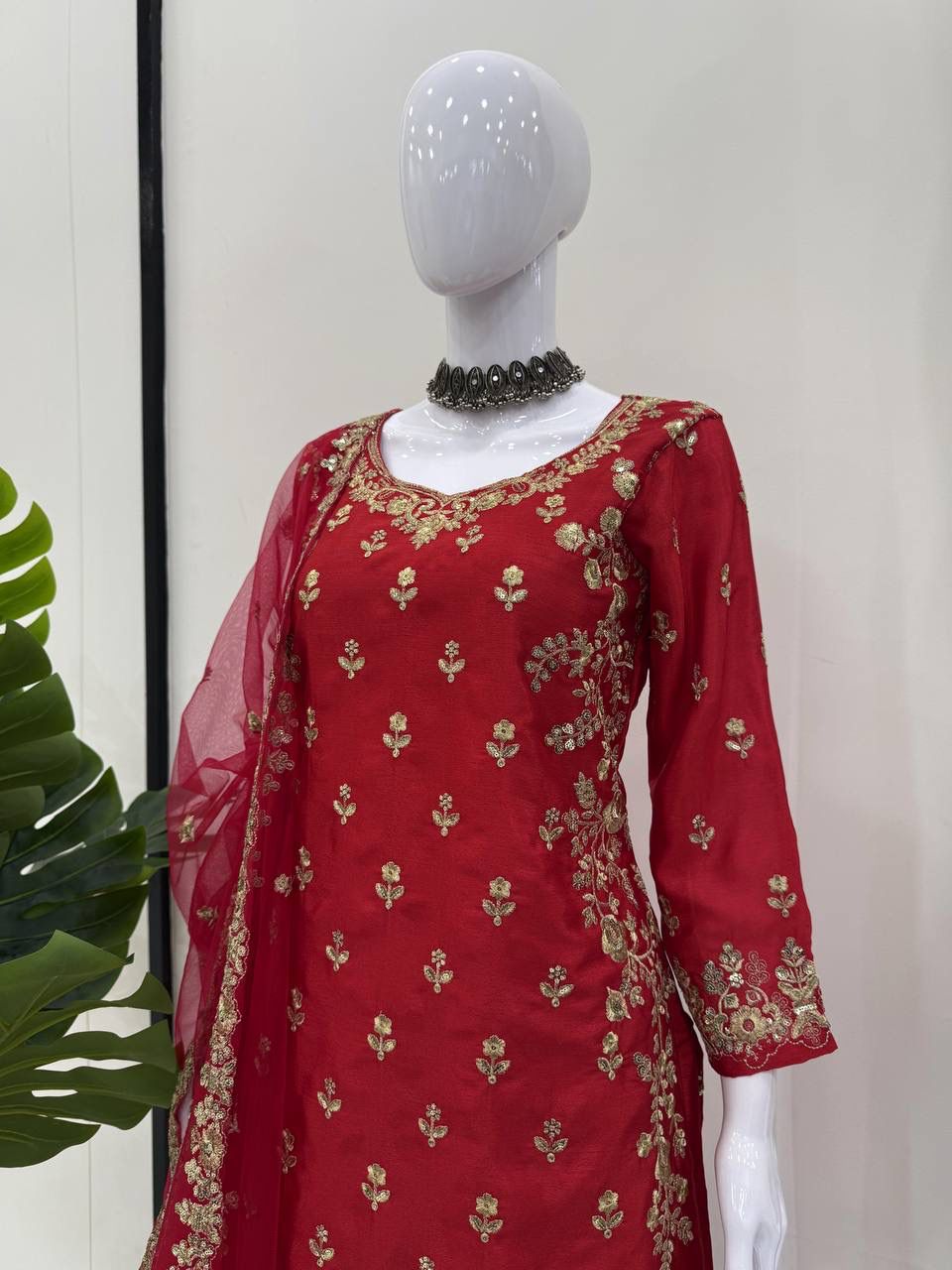 Premium Chinon Silk Embroidered Sharara Set – Elegant Collection