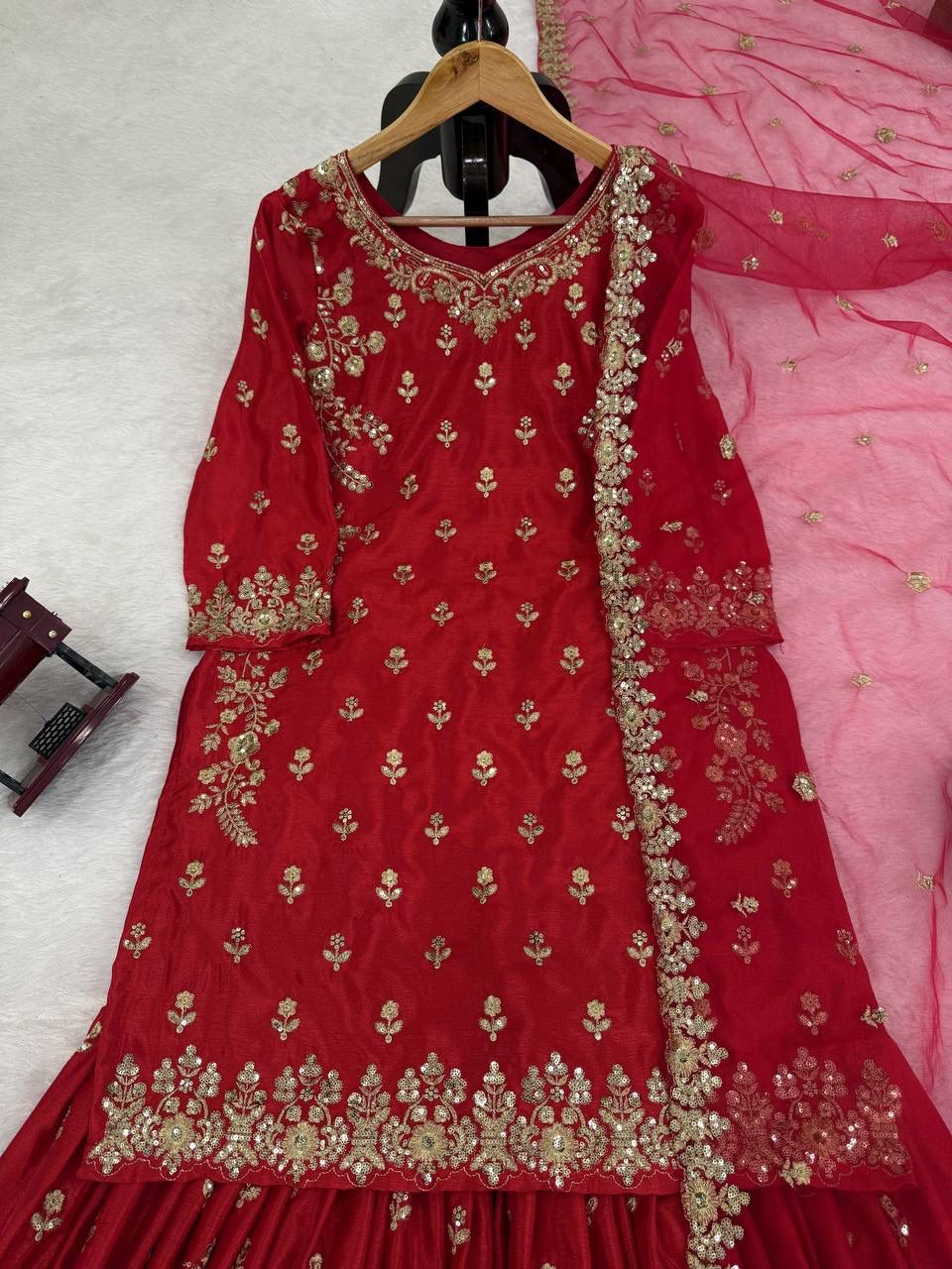 Premium Chinon Silk Embroidered Sharara Set – Elegant Collection