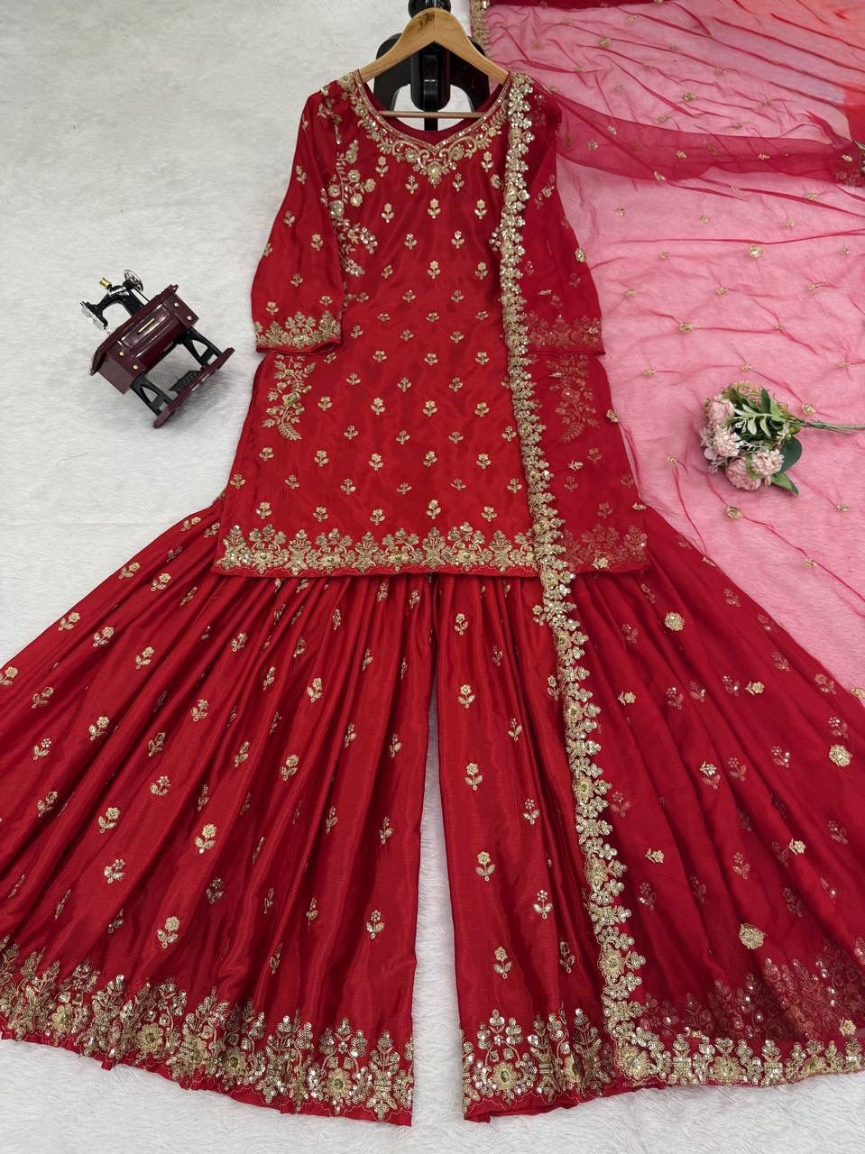 Premium Chinon Silk Embroidered Sharara Set – Elegant Collection