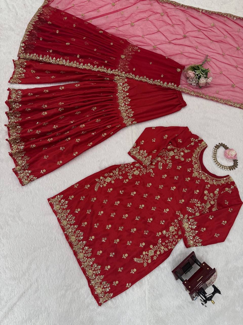Premium Chinon Silk Embroidered Sharara Set – Elegant Collection