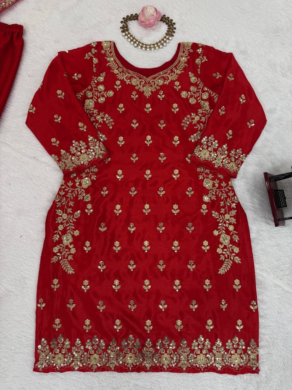Premium Chinon Silk Embroidered Sharara Set – Elegant Collection