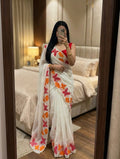 🦋 Elegant Crunchy Chiffon Saree with Butterfly Print & Thread Embroidery ✨