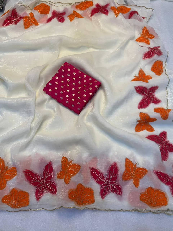 🦋 Elegant Crunchy Chiffon Saree with Butterfly Print & Thread Embroidery ✨