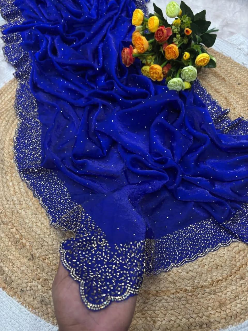 Latest Partywear Space Silk Royal blue Jarkhan Heavy Diamond Work Fancy Designer Saree With Blouse