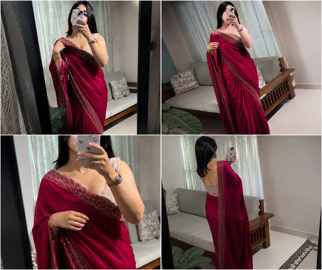 Latest Partywear Space Silk Rani Jarkhan Heavy Diamond Work Fancy Designer Saree With Blouse