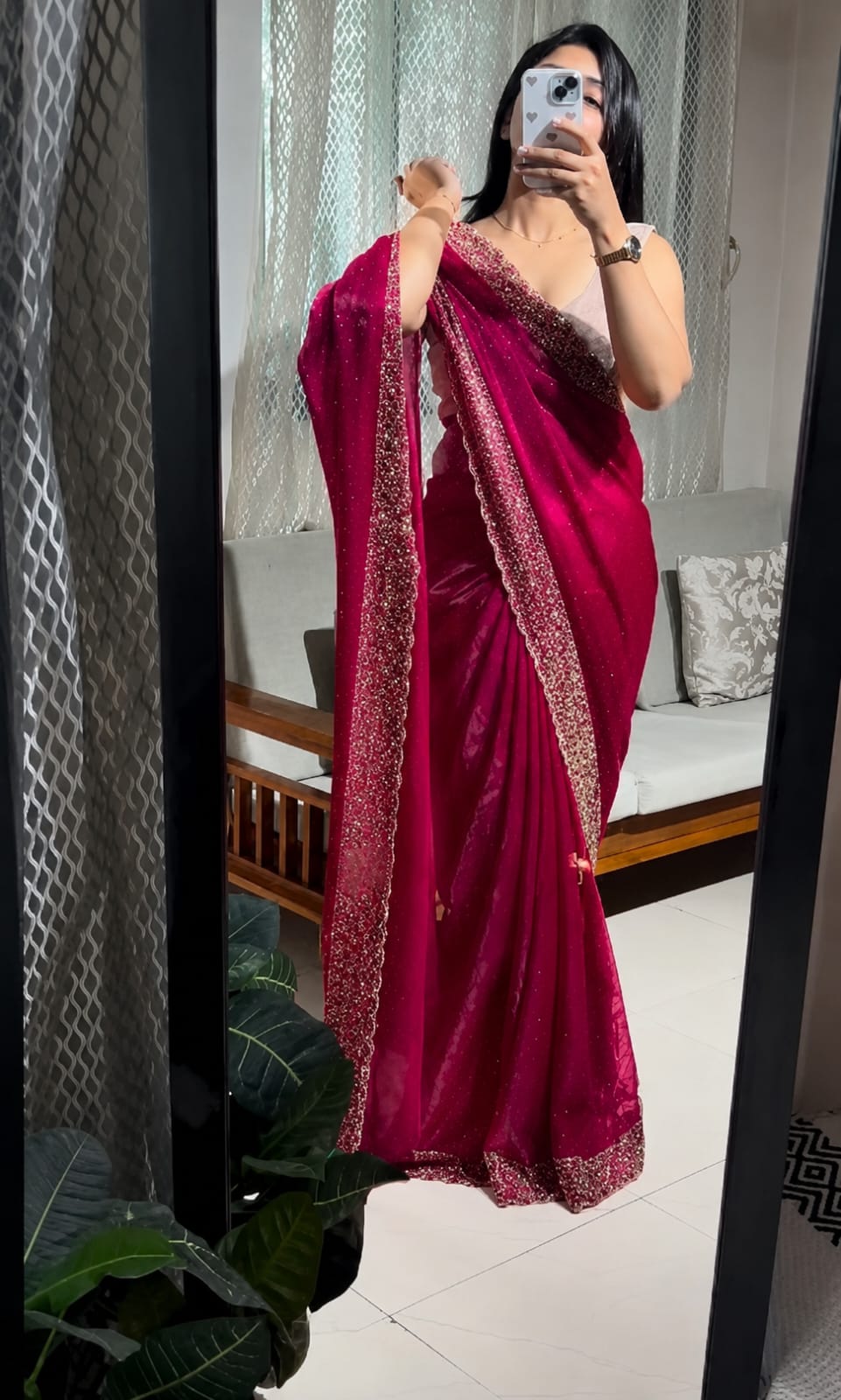 Latest Partywear Space Silk Rani Jarkhan Heavy Diamond Work Fancy Designer Saree With Blouse