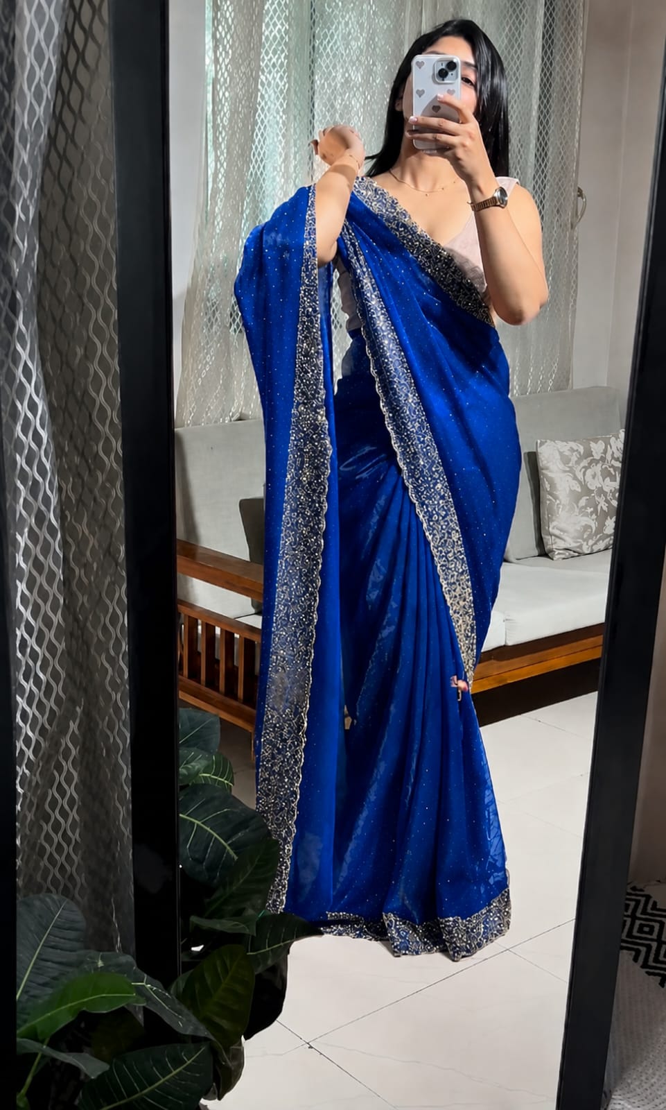 Latest Partywear Space Silk Royal blue Jarkhan Heavy Diamond Work Fancy Designer Saree With Blouse