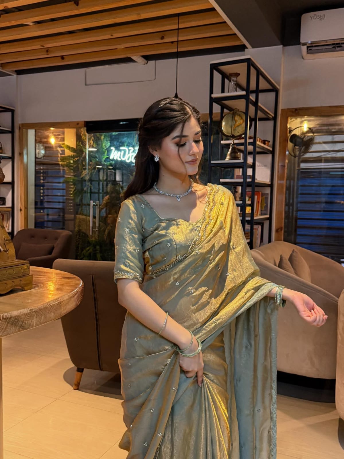 ✨🌹 ANUSHKA – PREMIUM PURE FANDY SATIN SILK SAREE WITH ROSE GOLD BEADS WORK 🌹✨