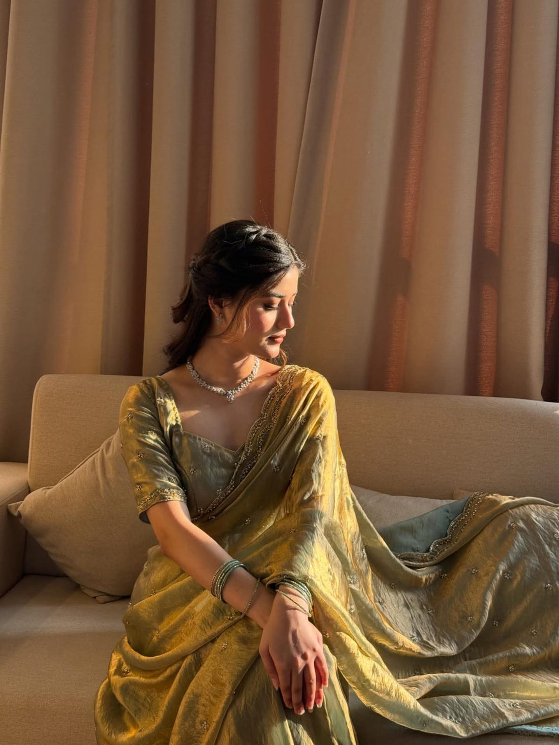 ✨🌹 ANUSHKA – PREMIUM PURE FANDY SATIN SILK SAREE WITH ROSE GOLD BEADS WORK 🌹✨