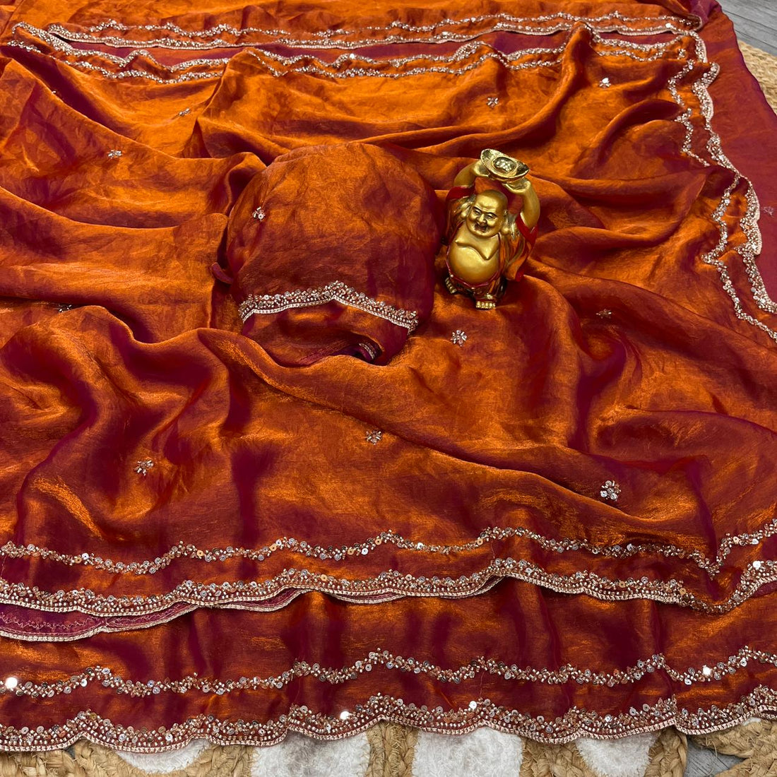 ✨🌹 ANUSHKA – PREMIUM PURE FANDY SATIN SILK SAREE WITH ROSE GOLD BEADS WORK 🌹✨