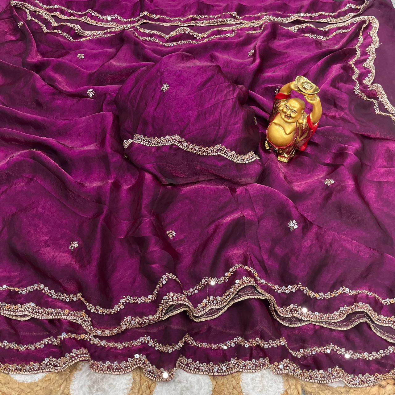 ✨🌹 ANUSHKA – PREMIUM PURE FANDY SATIN SILK SAREE WITH ROSE GOLD BEADS WORK 🌹✨