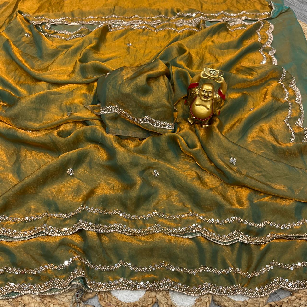 ✨🌹 ANUSHKA – PREMIUM PURE FANDY SATIN SILK SAREE WITH ROSE GOLD BEADS WORK 🌹✨