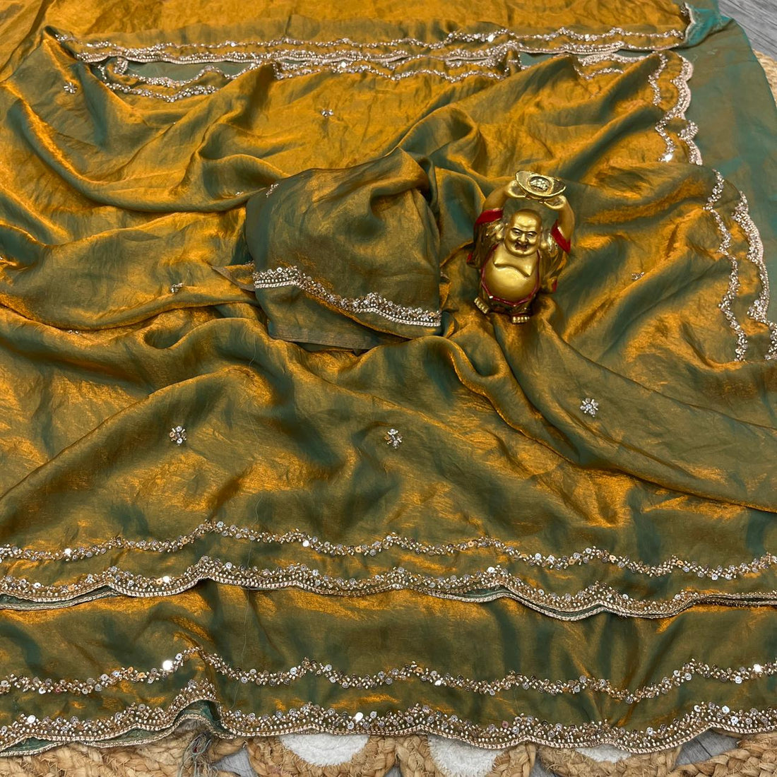 ✨🌹 ANUSHKA – PREMIUM PURE FANDY SATIN SILK SAREE WITH ROSE GOLD BEADS WORK 🌹✨