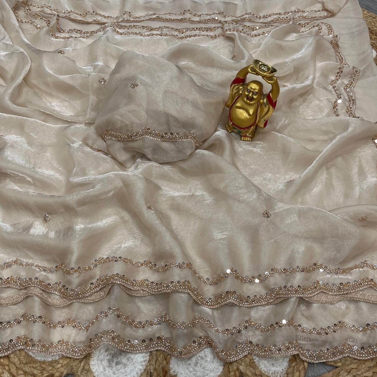 ✨🌹 ANUSHKA – PREMIUM PURE FANDY SATIN SILK SAREE WITH ROSE GOLD BEADS WORK 🌹✨