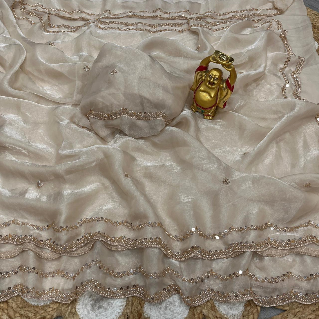 ✨🌹 ANUSHKA – PREMIUM PURE FANDY SATIN SILK SAREE WITH ROSE GOLD BEADS WORK 🌹✨