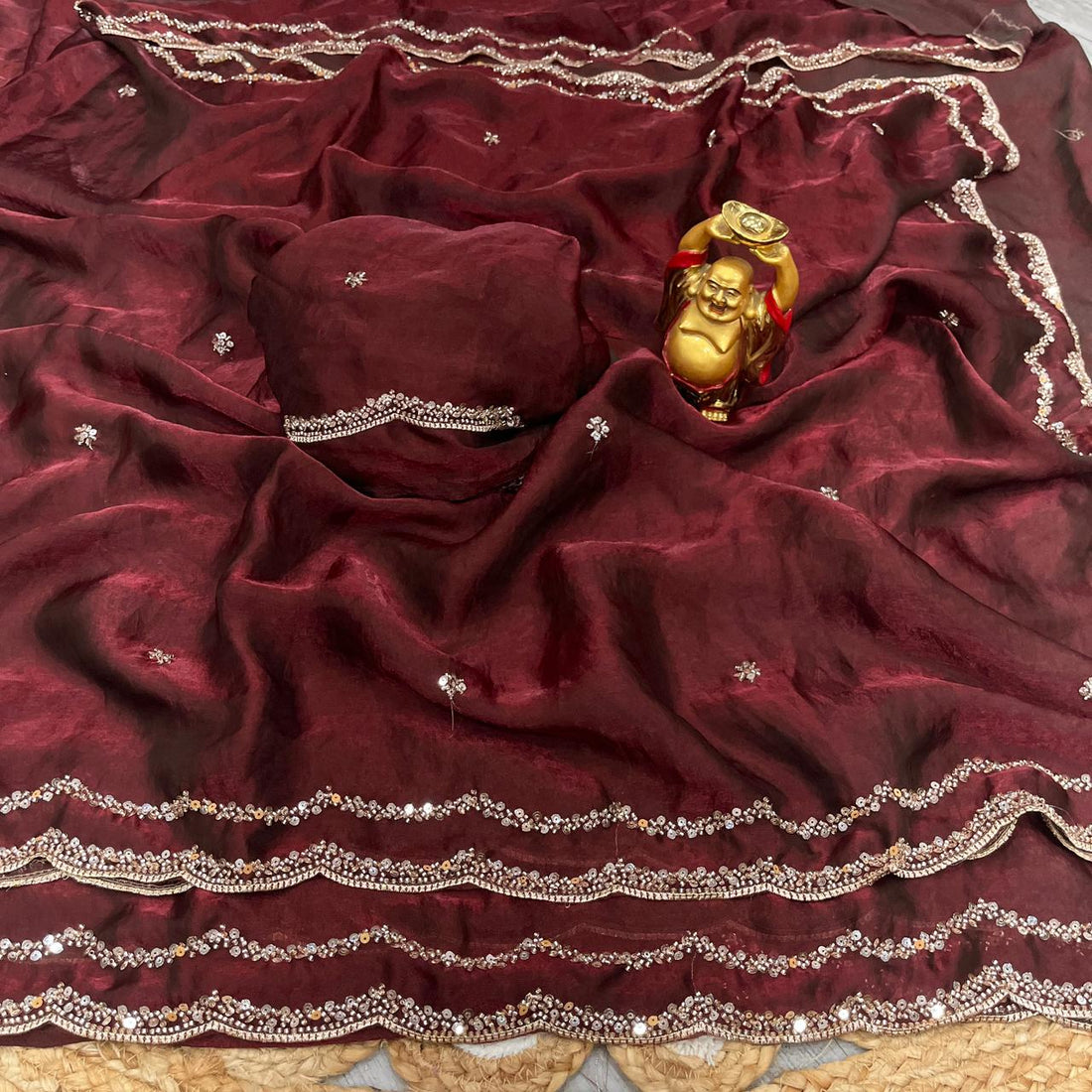 ✨🌹 ANUSHKA – PREMIUM PURE FANDY SATIN SILK SAREE WITH ROSE GOLD BEADS WORK 🌹✨
