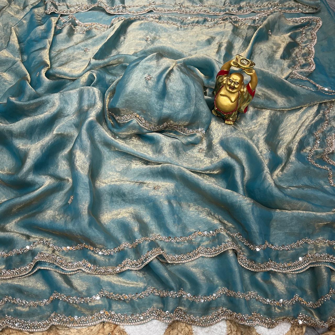 ✨🌹 ANUSHKA – PREMIUM PURE FANDY SATIN SILK SAREE WITH ROSE GOLD BEADS WORK 🌹✨