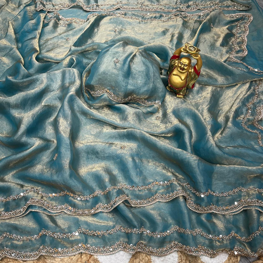 ✨🌹 ANUSHKA – PREMIUM PURE FANDY SATIN SILK SAREE WITH ROSE GOLD BEADS WORK 🌹✨
