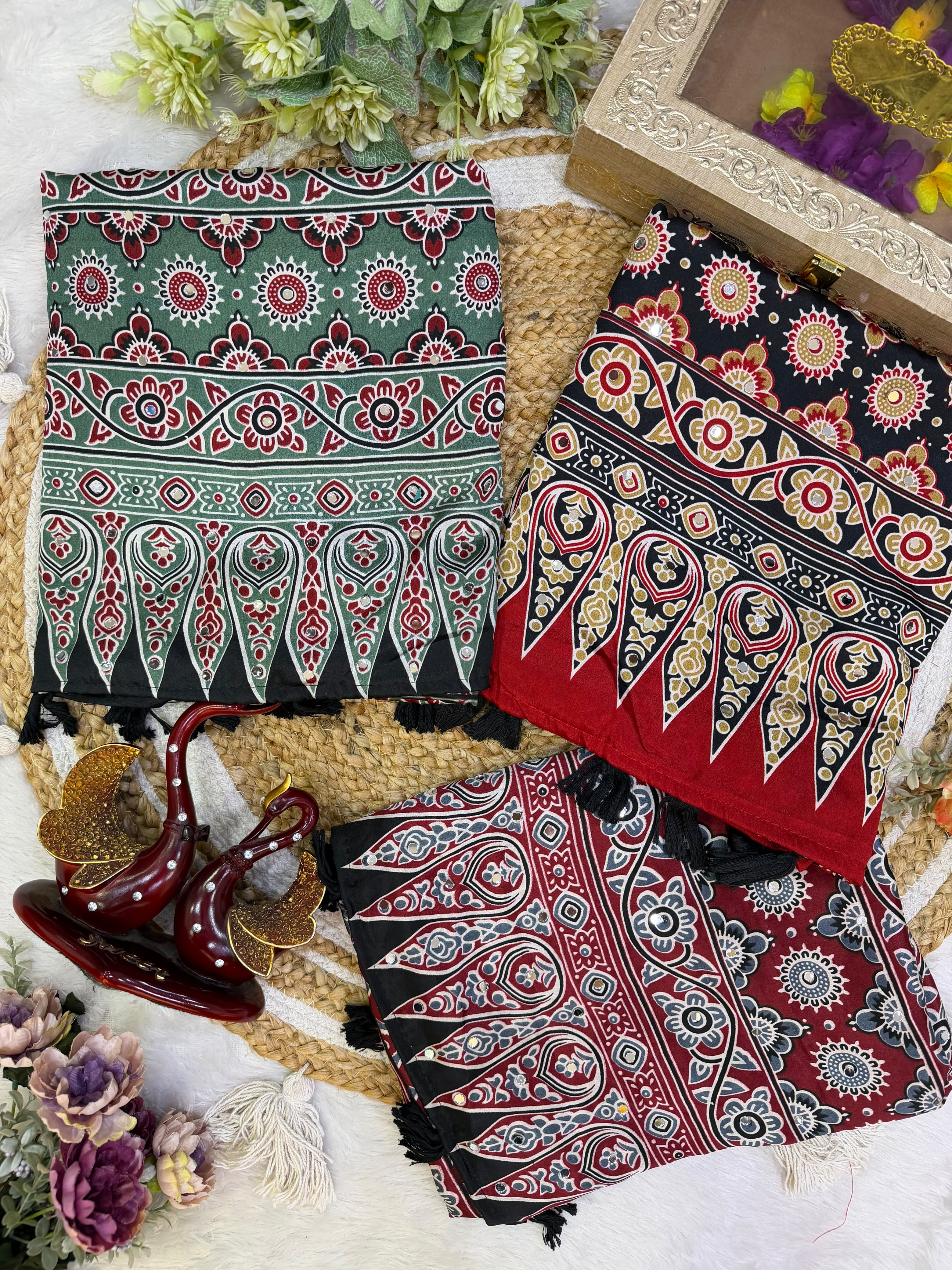 PREMIUM SOFT SATIN CREPE AJRAKH PRINT SAREE WITH REAL MIRROR WORK 🌸✨