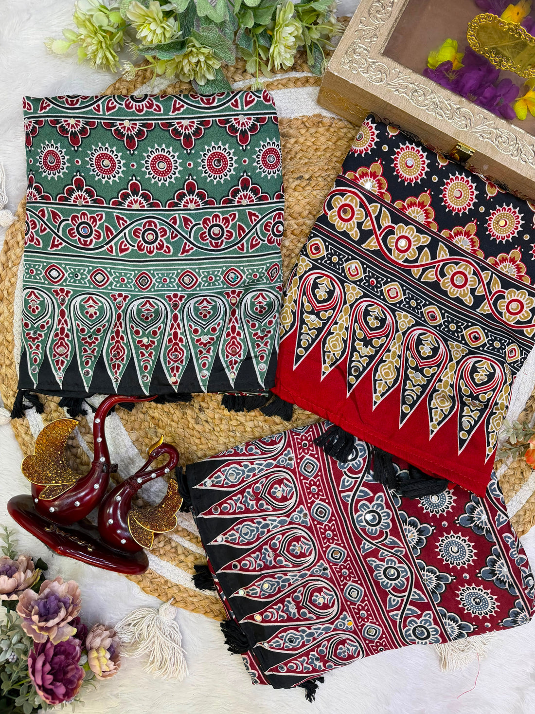 PREMIUM SOFT SATIN CREPE AJRAKH PRINT SAREE WITH REAL MIRROR WORK 🌸✨