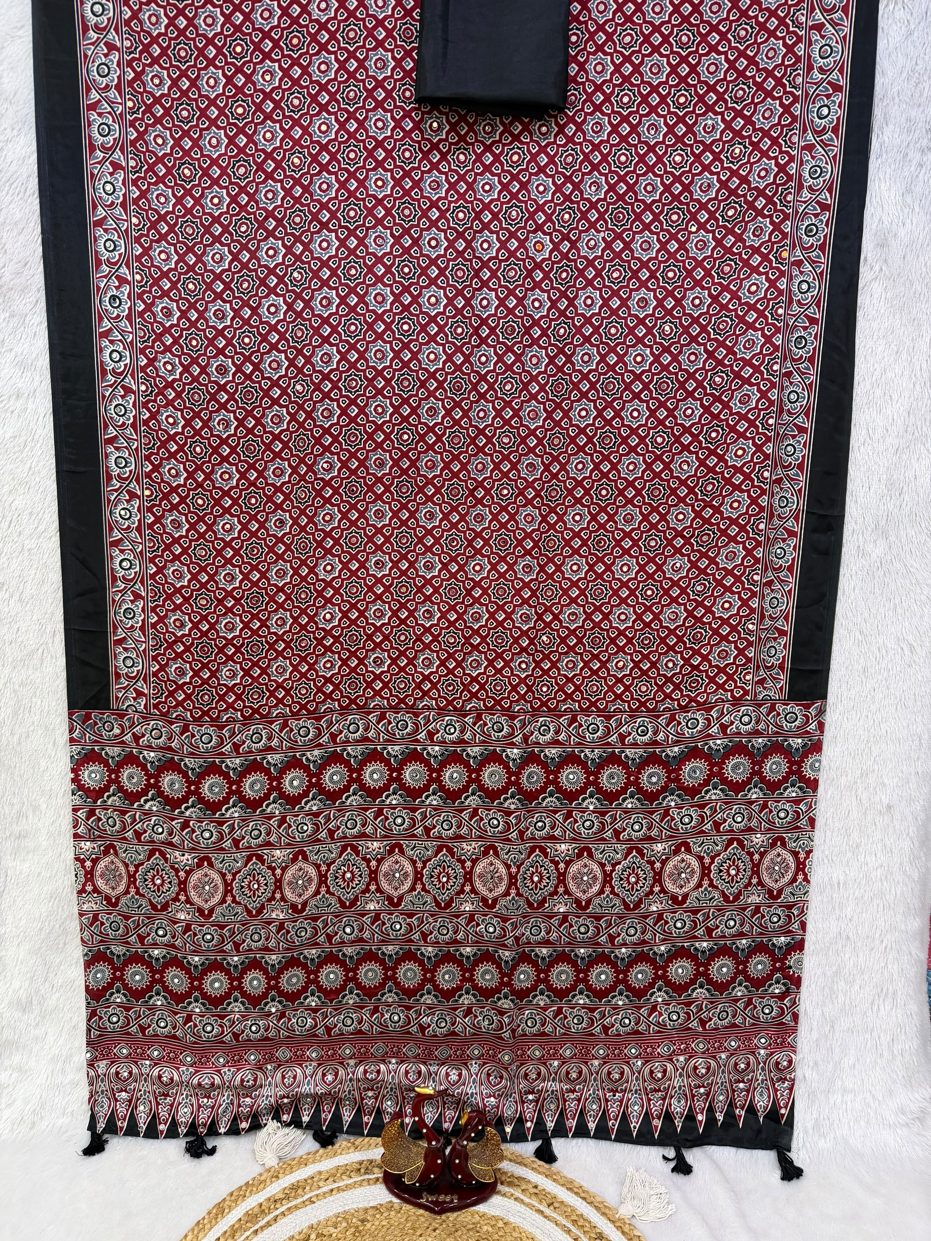 PREMIUM SOFT SATIN CREPE AJRAKH PRINT SAREE WITH REAL MIRROR WORK 🌸✨