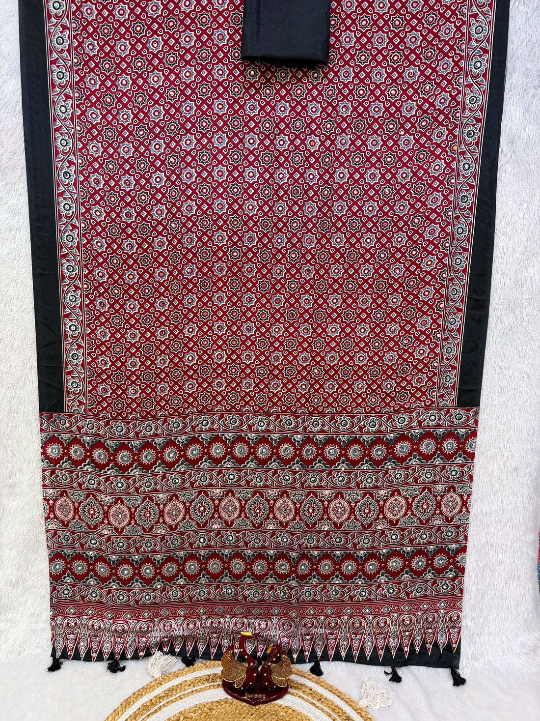PREMIUM SOFT SATIN CREPE AJRAKH PRINT SAREE WITH REAL MIRROR WORK 🌸✨