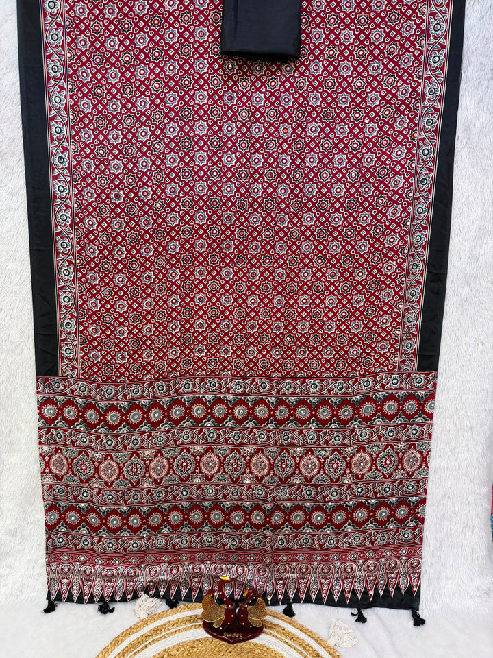 PREMIUM SOFT SATIN CREPE AJRAKH PRINT SAREE WITH REAL MIRROR WORK 🌸✨