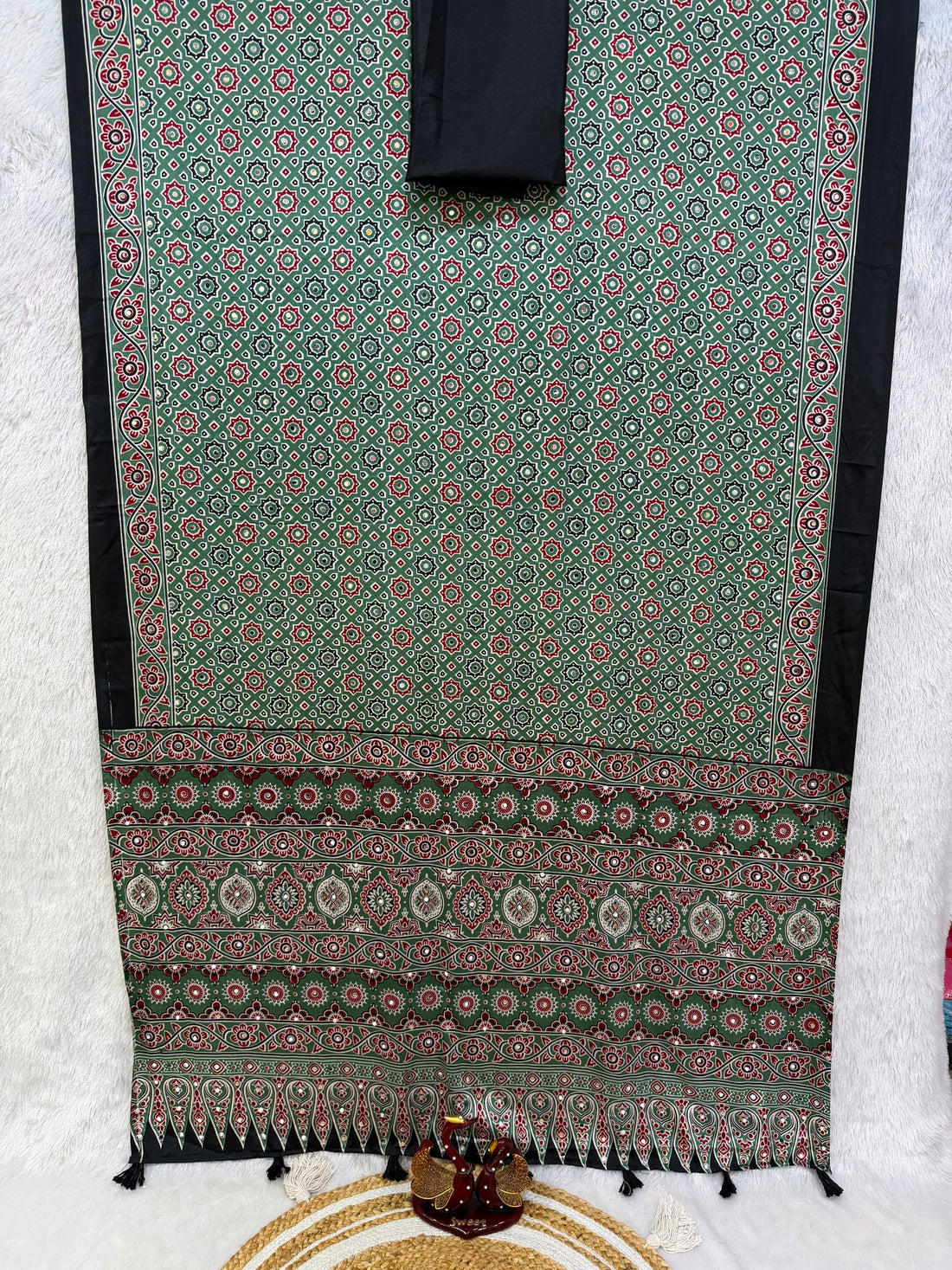 PREMIUM SOFT SATIN CREPE AJRAKH PRINT SAREE WITH REAL MIRROR WORK 🌸✨